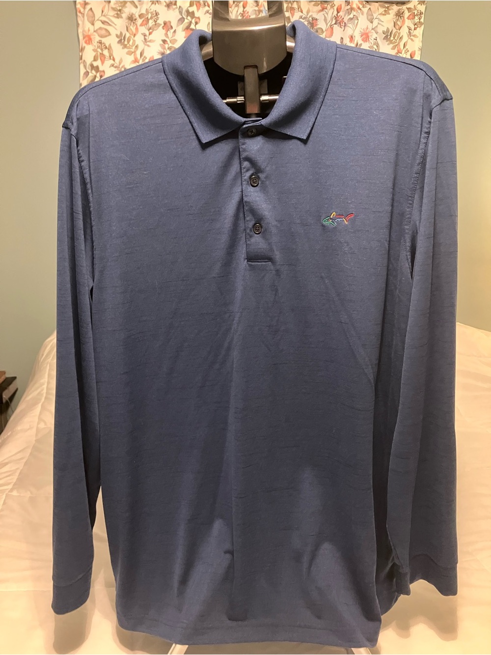 Greg Norman Play Dry XL Blue Long Sleeve Golf Polo Shark Logo